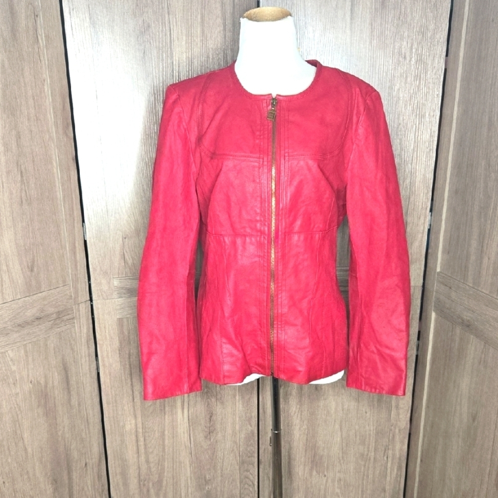 Pamela McCoy Red Leather Jacket Zip Front Fitted Moto Style